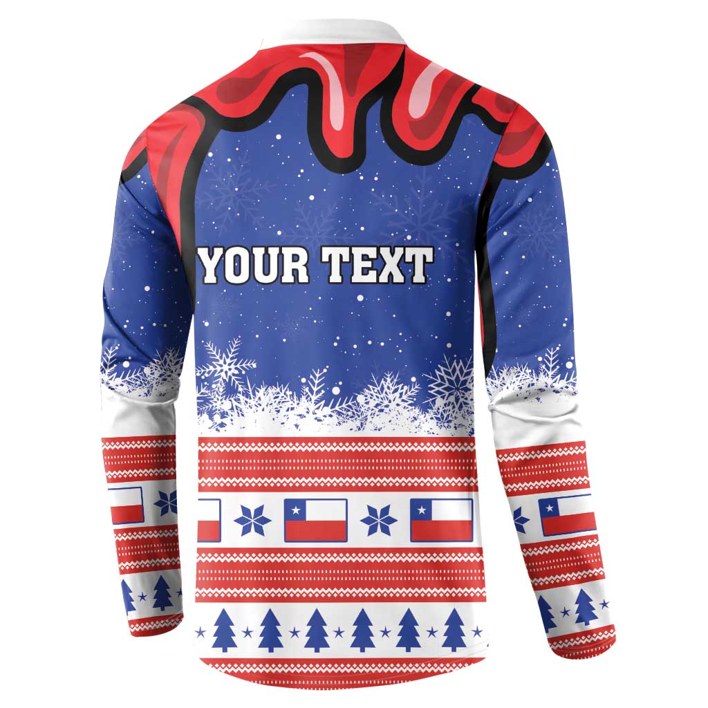 Personalized back button sweatshirt with YOUR TEXT and holiday snow pattern in blue