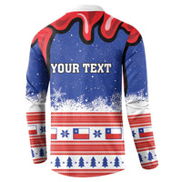 Personalized back button sweatshirt with YOUR TEXT and holiday snow pattern in blue