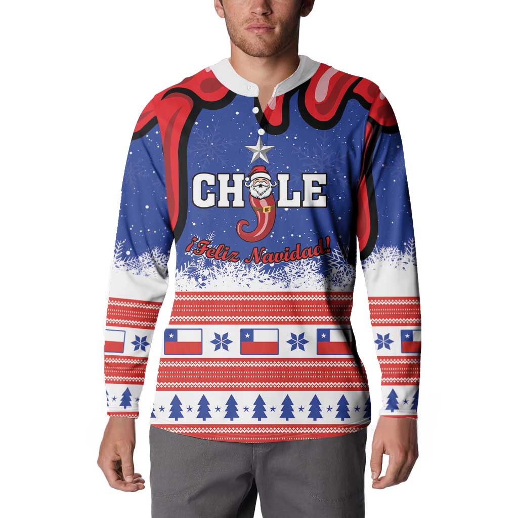 Personalized Christmas button sweatshirt with CHILE Feliz Navidad graphic and flag stripes