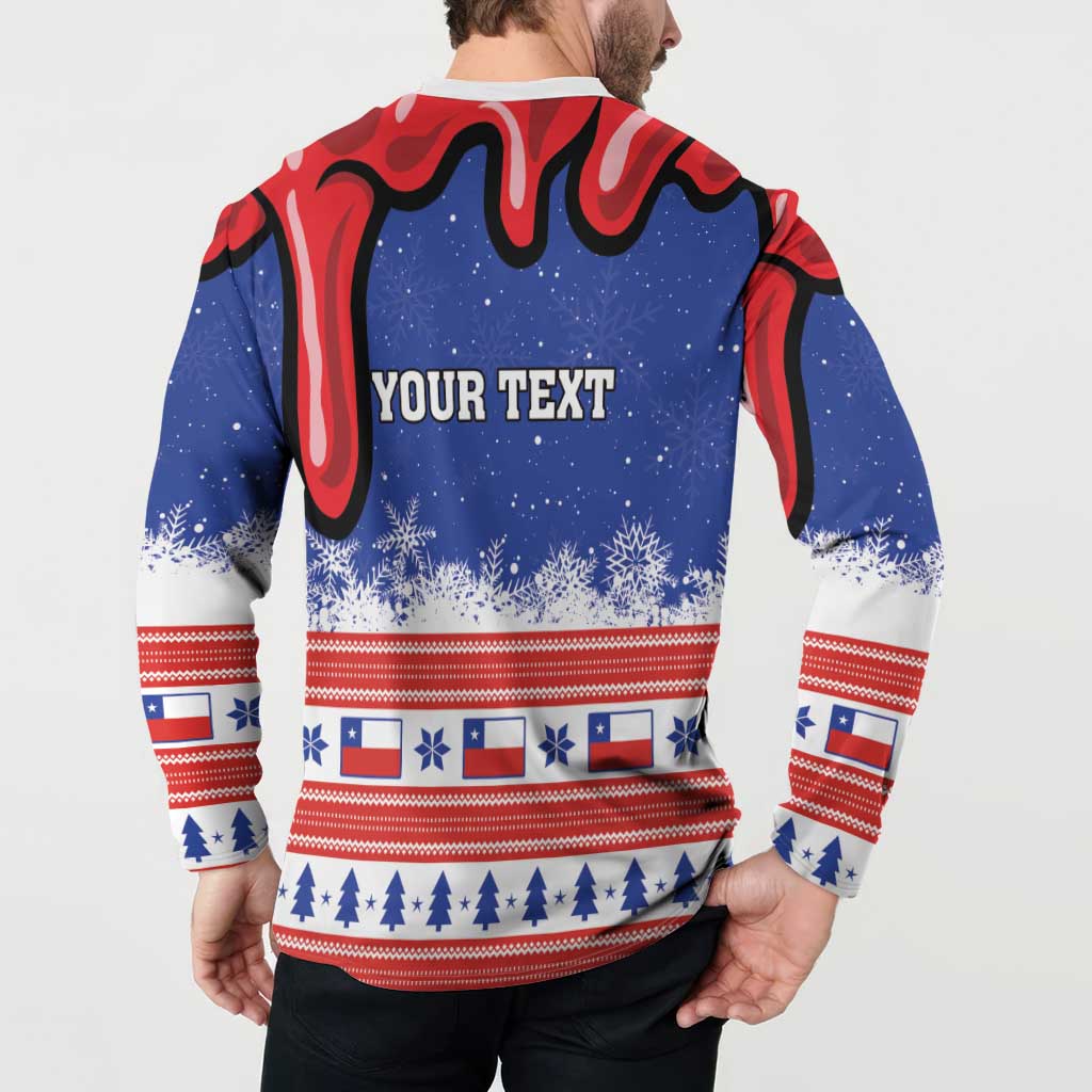 Back view of personalized Christmas button sweatshirt with YOUR TEXT and flag-striped hem