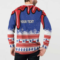 Back view of personalized Christmas button sweatshirt with YOUR TEXT and flag-striped hem