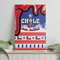 Blue and red Chile holiday Santa canvas wall art on a shelf with “CHILE” and snow