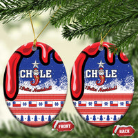 Personalized Chile round ceramic ornament pair, blue/red Chile flag design and Feliz Navidad, gold loops