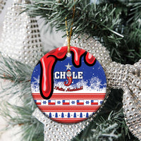 Personalized Chile round ceramic ornament on tree, blue/red Chile flag design with Feliz Navidad, gold loop