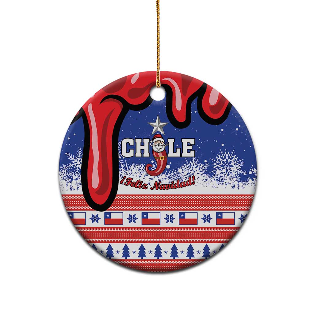 Personalized Chile round ceramic ornament with blue/red Chile flag design and Feliz Navidad, gold loop