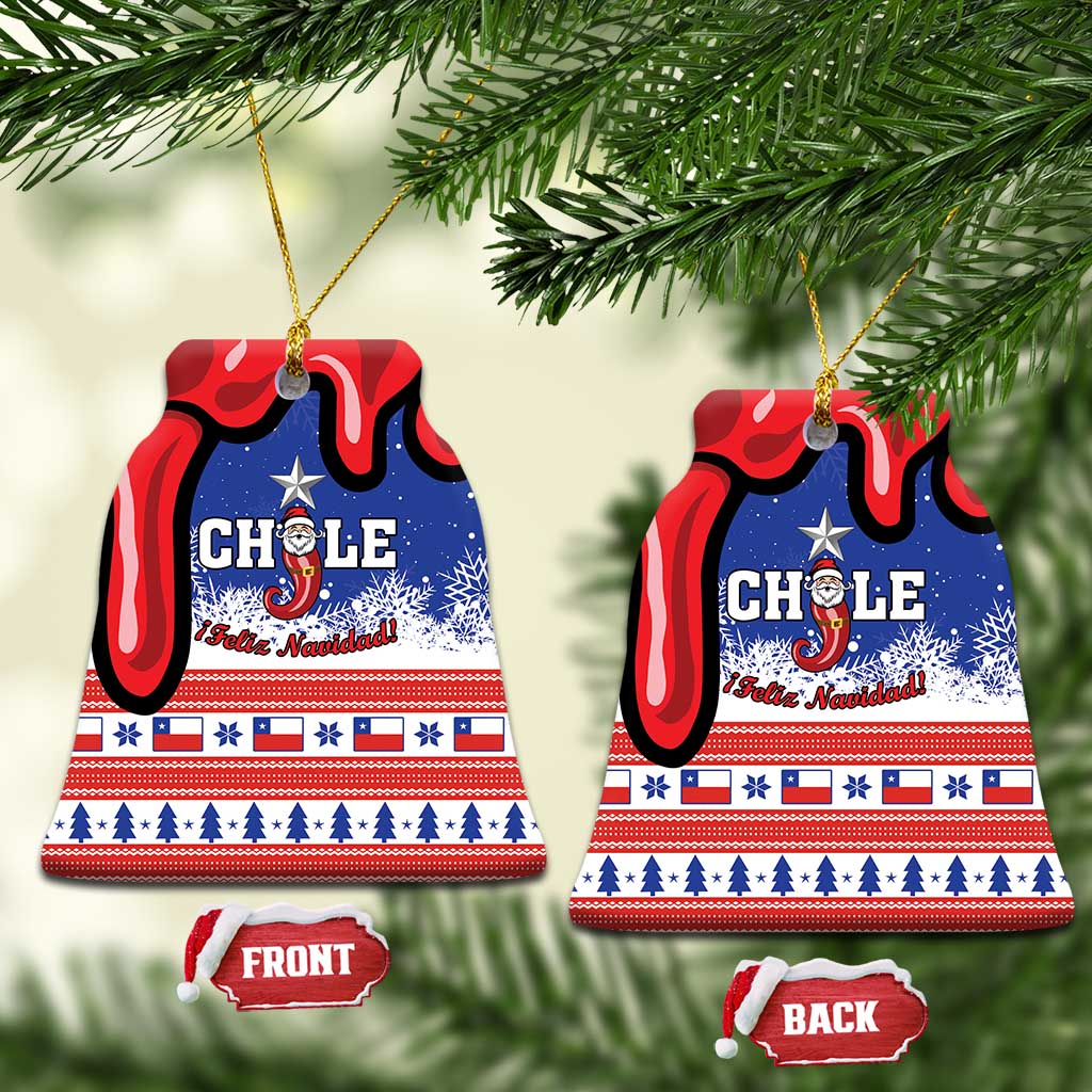 Personalized Chile ceramic bell ornament, blue/red Chile flag design, Feliz Navidad, gold loop