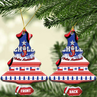 Personalized Chile ceramic bell ornament pair, blue/red Chile flag design with Feliz Navidad, gold loops