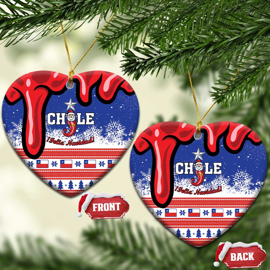 Personalized Chile ceramic heart ornament, blue/red Chile flag and Feliz Navidad text, gold loop