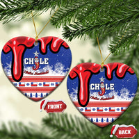 Personalized Chile ceramic heart ornament, blue/red Chile flag and Feliz Navidad text, gold loop