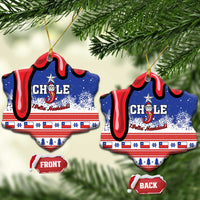 Personalized Chile ceramic heart ornament pair, blue/red Chile flag and Feliz Navidad, gold loops