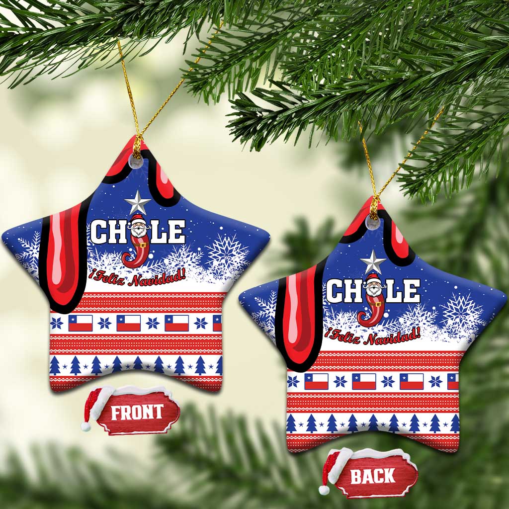 Personalized Chile ceramic star ornament pair, blue/red Chile flag and Feliz Navidad, gold loops