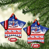 Personalized Chile ceramic star ornament pair, blue/red Chile flag and Feliz Navidad, gold loops