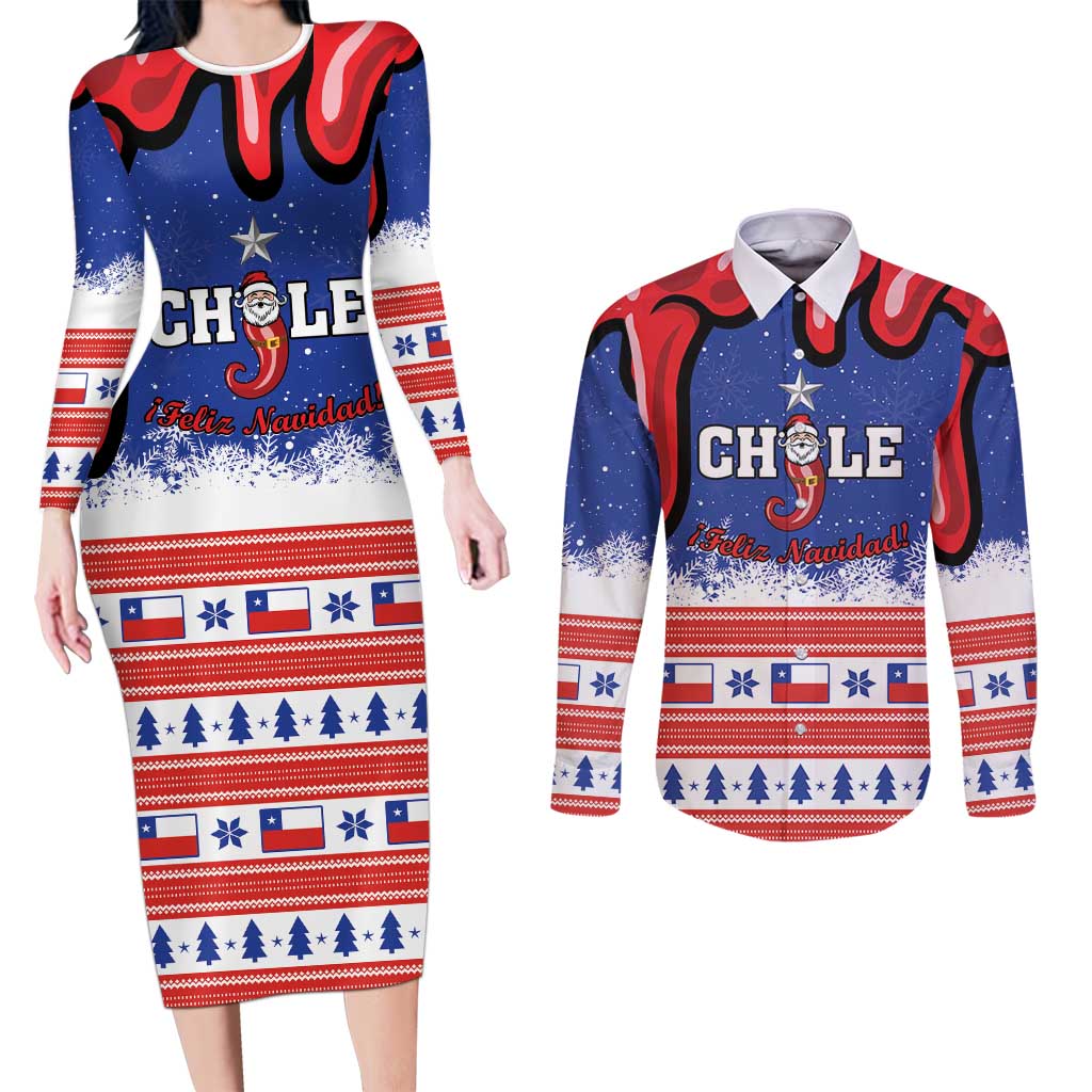 Personalized Feliz Navidad Chile Santa Claus Couples Matching Long Sleeve Bodycon Dress and Long Sleeve Button Shirt Chilli Christmas - Wonder Print Shop