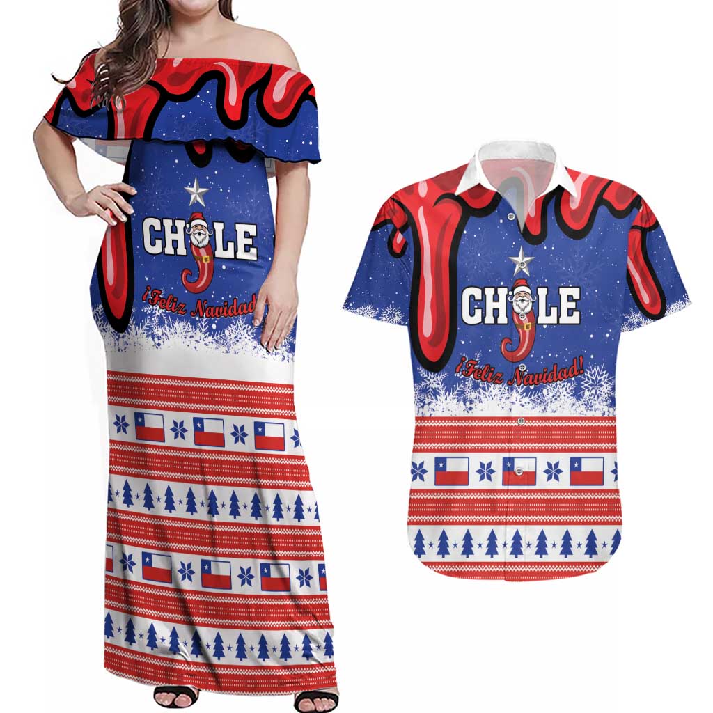 Personalized Feliz Navidad Chile Santa Claus Couples Matching Off Shoulder Maxi Dress and Hawaiian Shirt Chilli Christmas - Wonder Print Shop