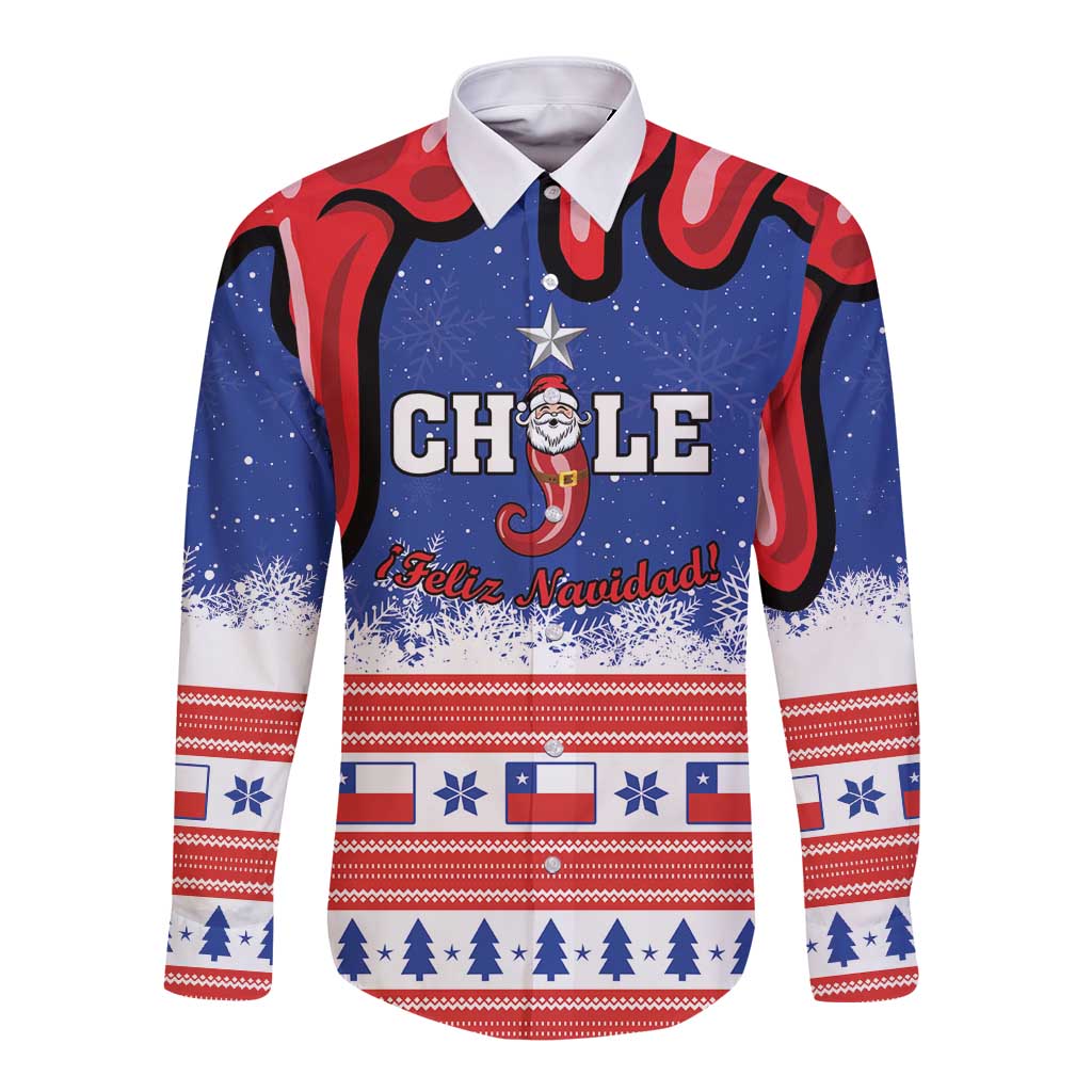 Long sleeve button shirt in blue with Chile Santa Claus front graphic and festive trim