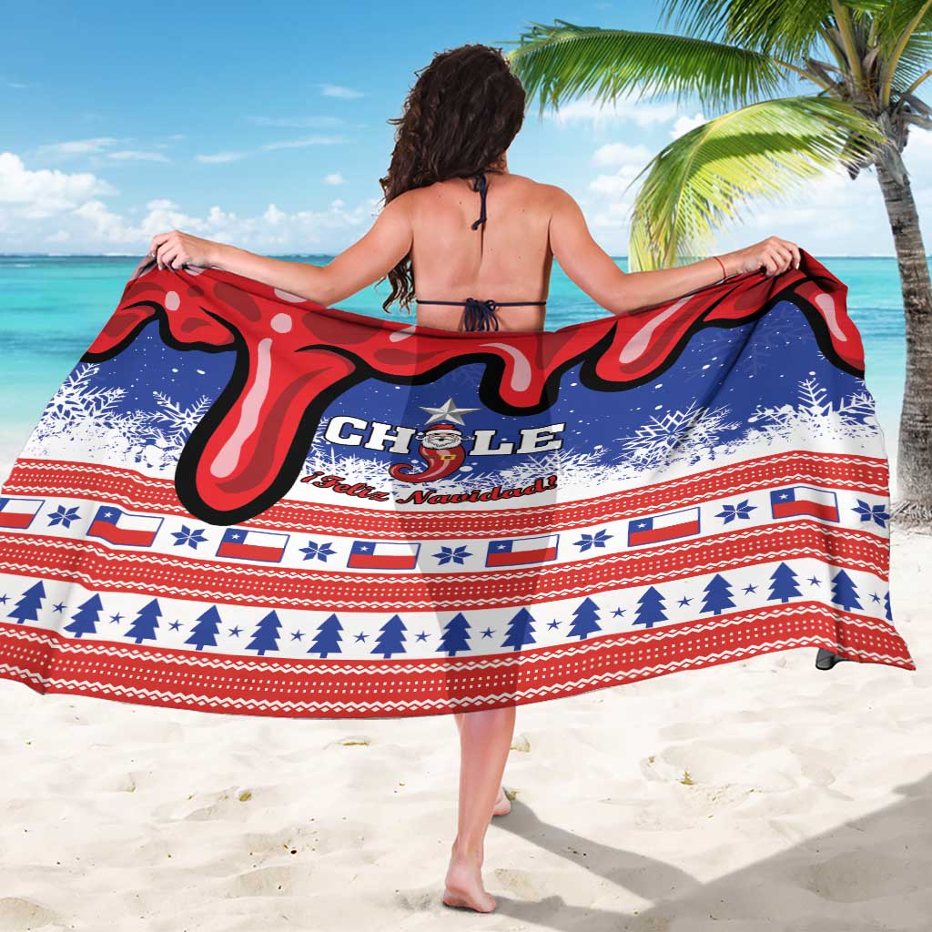 Chile Christmas sarong, blue with red swirls, snowflakes and “CHILE” centered print
