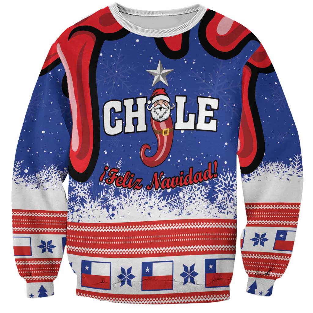 Blue Christmas sweatshirt with Santa and Chile graphic, 'Feliz Navidad' front print
