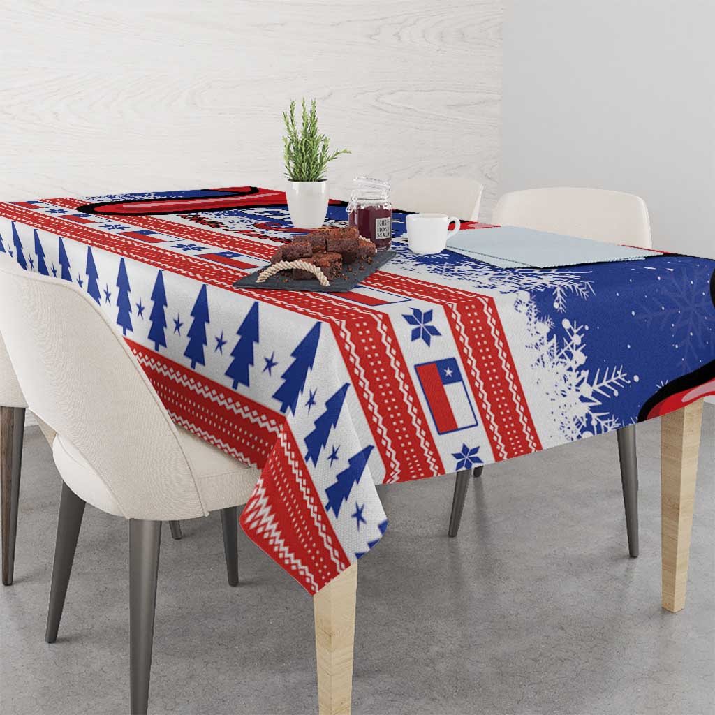 Blue and red Christmas tablecloth corner drape with stars, trees, and snowflakes