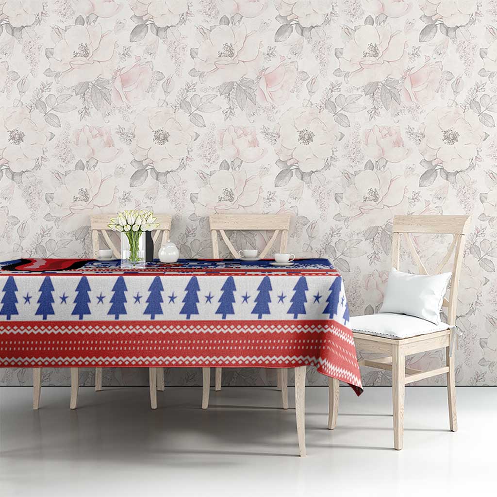 Blue and red Christmas tablecloth with tree row border and snowflake pattern
