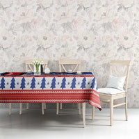 Blue and red Christmas tablecloth with tree row border and snowflake pattern