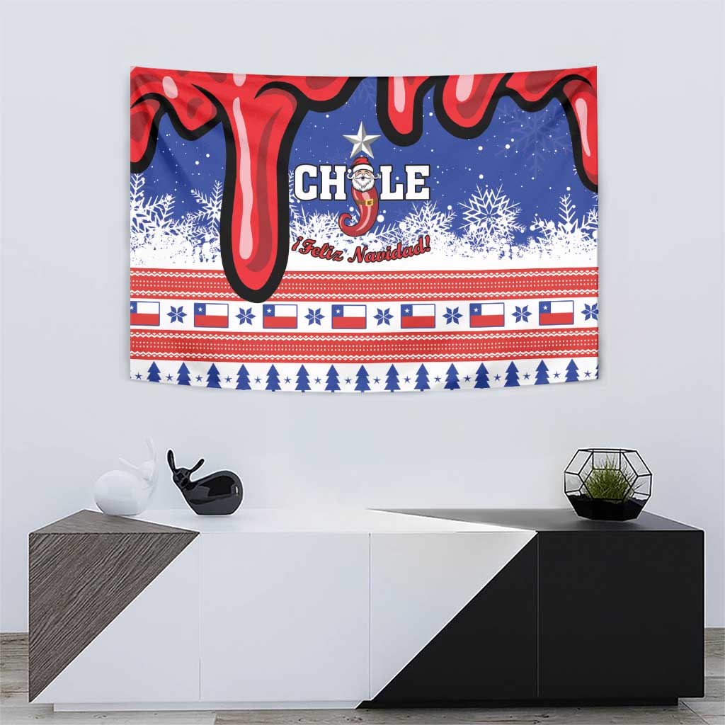Christmas wall tapestry with CHILE headline, Santa star figure, snowy flakes and holiday border