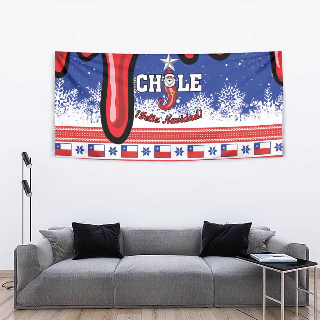 Christmas wall tapestry close view: CHILE with Santa hat and Feliz Navidad, blue snow