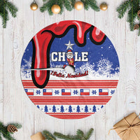 Circular blue Chile-themed Christmas tree skirt with Feliz Navidad text and white fringe edge