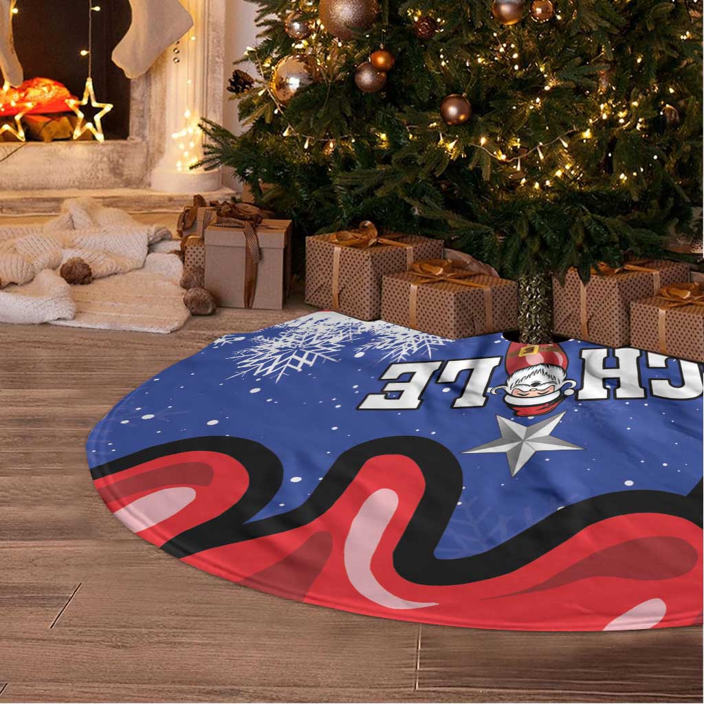 Blue Christmas tree skirt with Chile flag pattern and stars, spread on the floor
