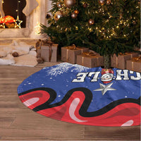 Blue Christmas tree skirt with Chile flag pattern and stars, spread on the floor