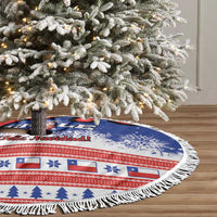 Round blue and red Chile holiday tree skirt with white fringe, shown under a decorated tree