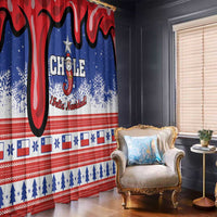 Red and blue Chile Feliz Navidad window curtain with Santa and snowflake pattern