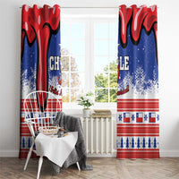 Red and blue Chile Christmas window curtain with Santa figure and Feliz Navidad text