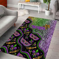 Colorful Mardi Gras area rug featuring “MARDI Gras” text, masks, beads, and fleur-de-lis