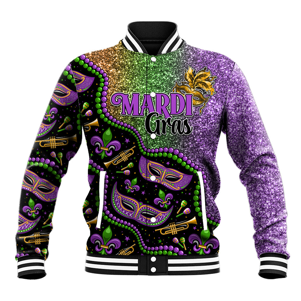 Colorful Mardi Gras baseball jacket with purple glitter front and green button placket