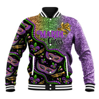 Colorful Mardi Gras baseball jacket with purple glitter front and green button placket