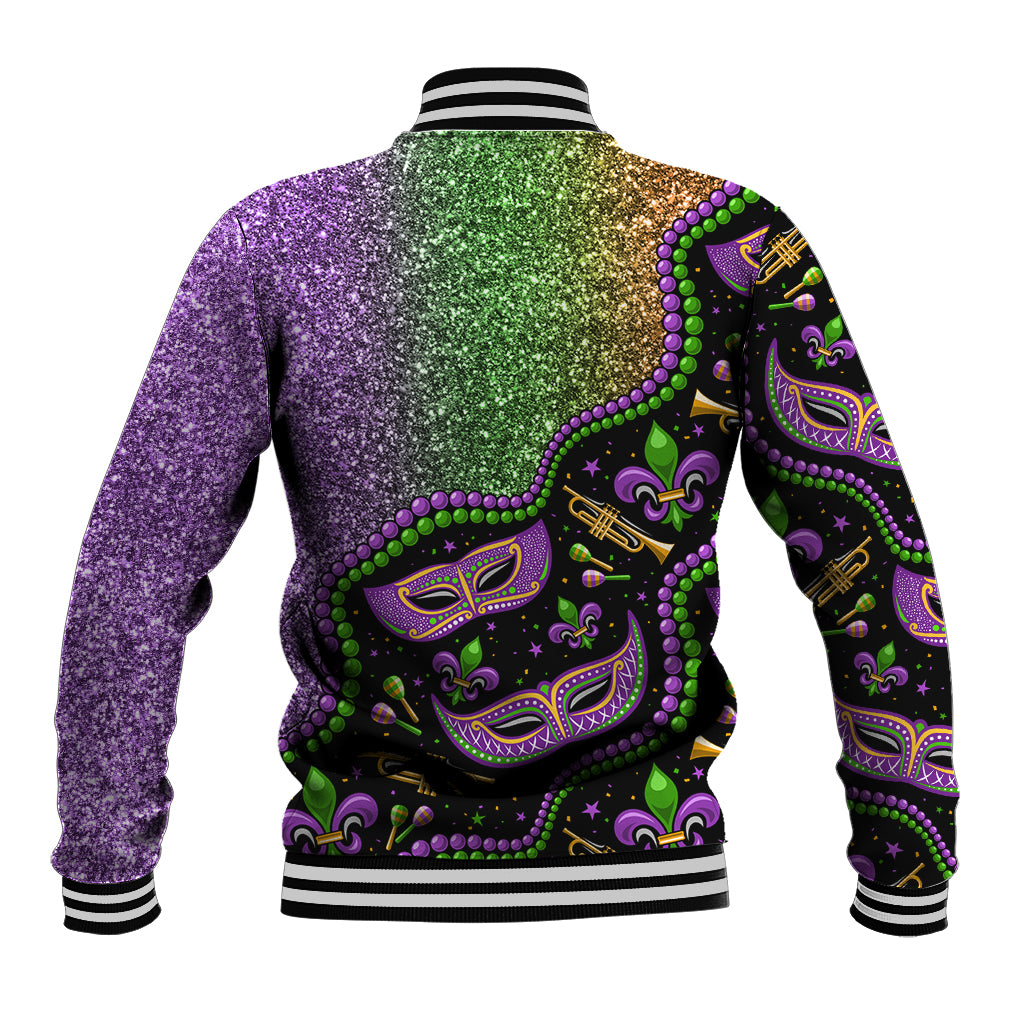 Colorful Mardi Gras baseball jacket back with purple glitter and striped ribbed hem