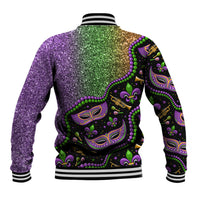 Colorful Mardi Gras baseball jacket back with purple glitter and striped ribbed hem