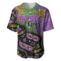 Mardi Gras glitter baseball jersey with V-neck, short sleeves, purple-green graphic front