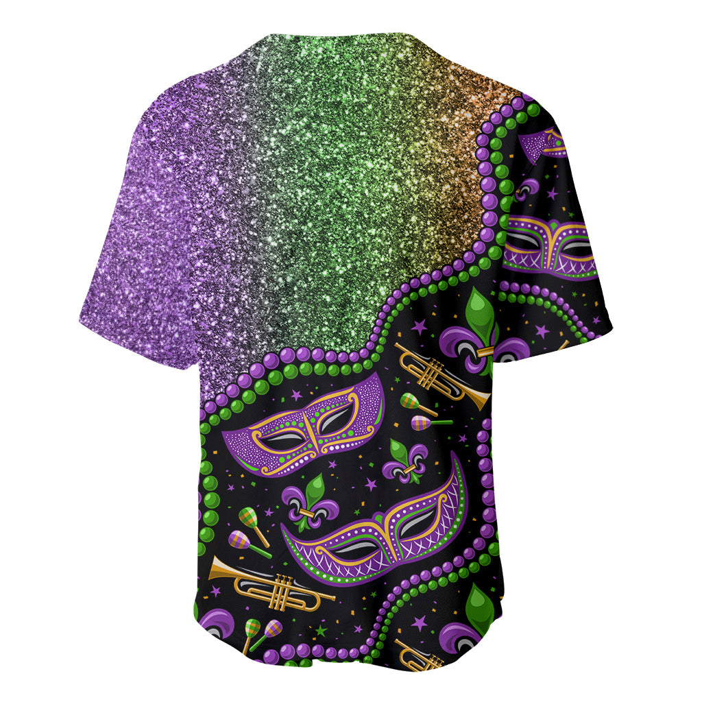 Mardi Gras glitter baseball jersey, black background with purple-green side and sleeve graphics