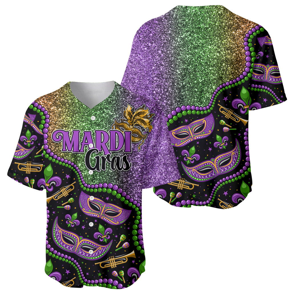 Mardi Gras glitter baseball jersey, front view with V-neck and colorful masks and bead print