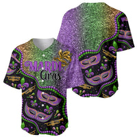 Mardi Gras glitter baseball jersey, front view with V-neck and colorful masks and bead print