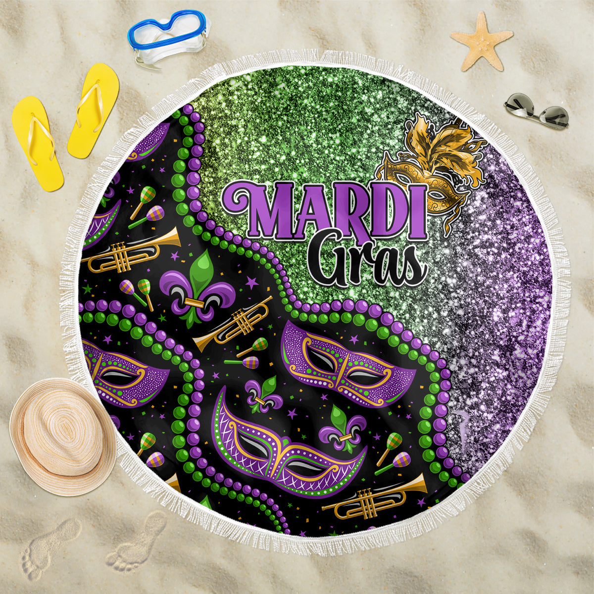 Round beach blanket with green purple and black Mardi Gras glitter print, white fringe edge