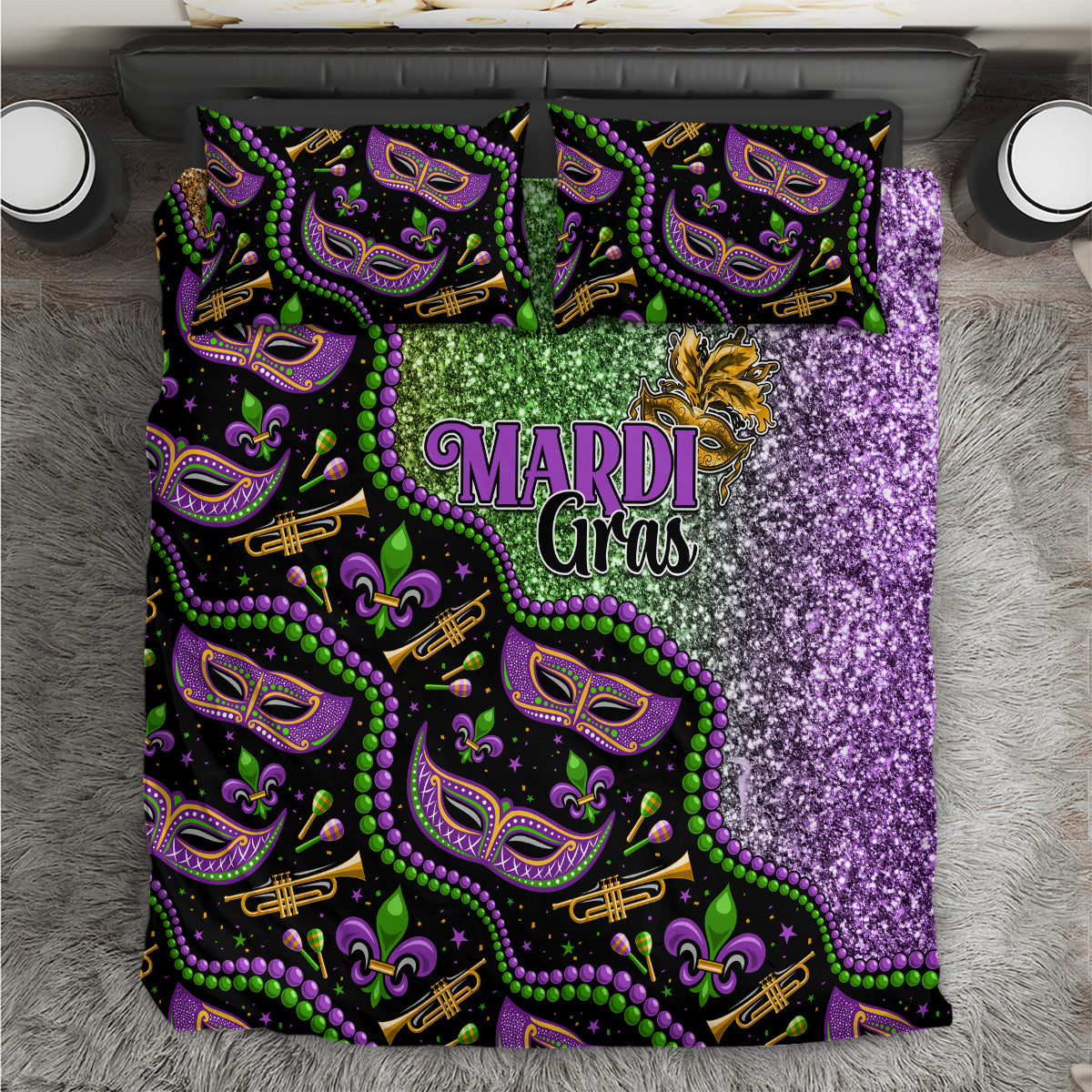 Mardi Gras bedding set with purple glitter, green beads, and colorful jester masks on black