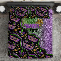 Mardi Gras bedding set with purple glitter, green beads, and colorful jester masks on black