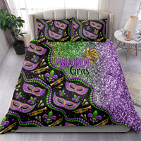 Mardi Gras bedding set: purple glitter quilt with "MARDI Gira s" text and two matching pillows
