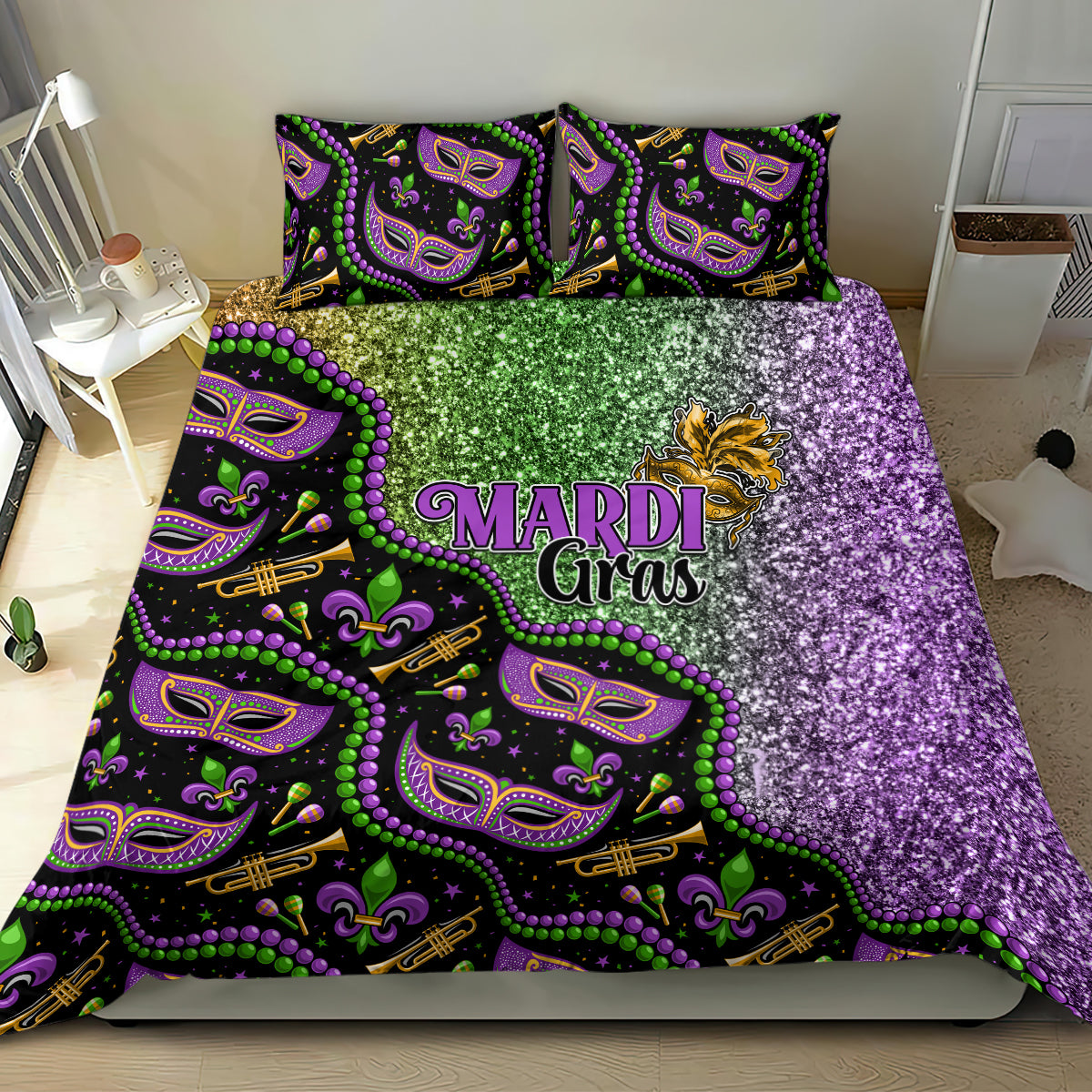 Mardi Gras bedding set with purple glitter right side, green beads, and two decorative pillowcases