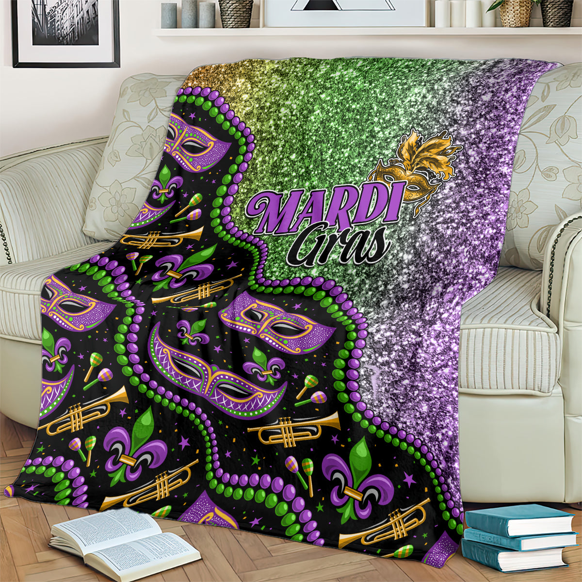 Mardi Gras blanket on couch, glitter green and purple with central Mardi Gras text