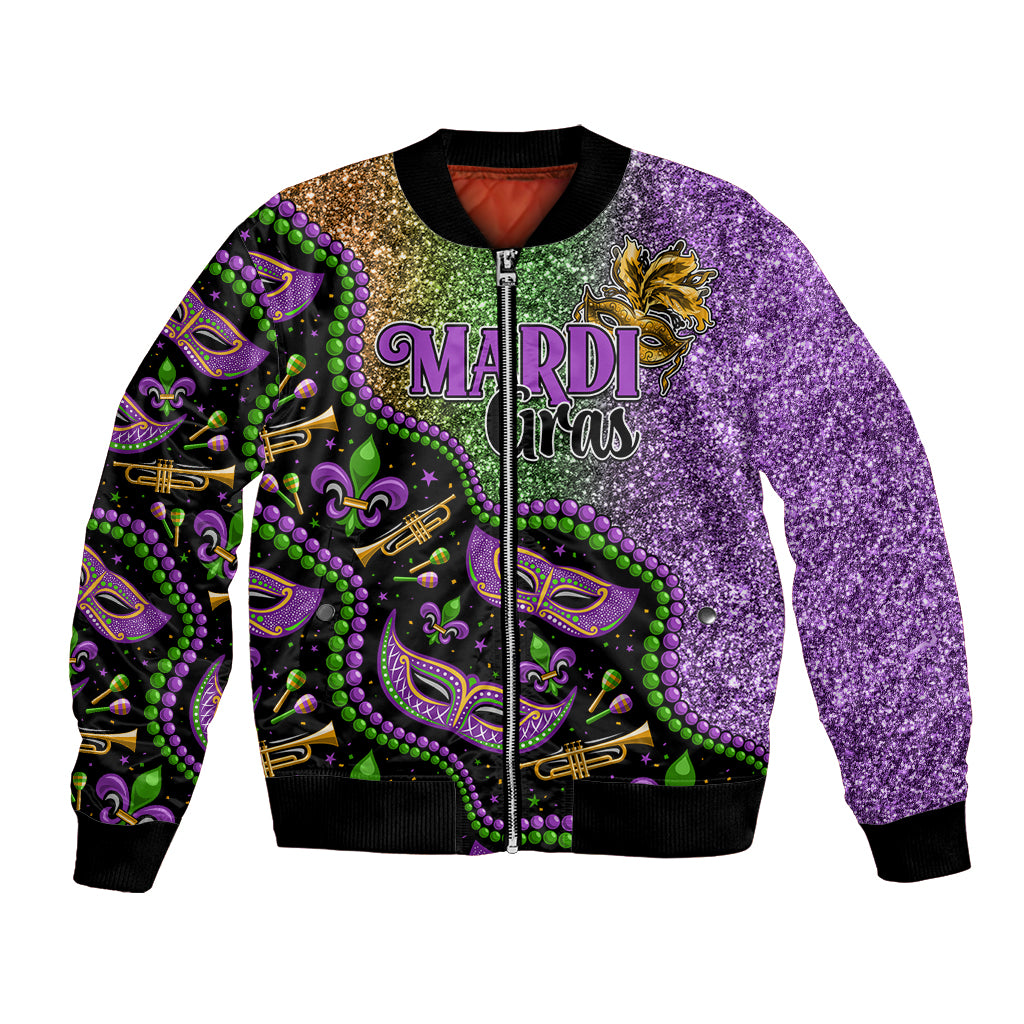 Unisex bomber jacket with purple glitter fabric, Mardi Gras masks and bead trim, zip front