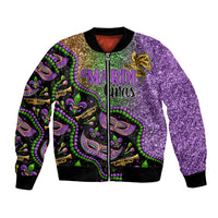 Unisex bomber jacket with purple glitter fabric, Mardi Gras masks and bead trim, zip front