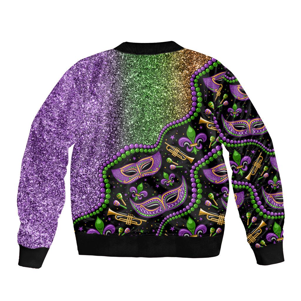 Unisex bomber jacket with purple glitter and green accents, Mardi Gras mask print, ribbed hem